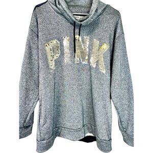 PINK Victoria's Secret Shimmer Gray Sequin Hoodie Sweatshirt Pullover Small Y2k‎